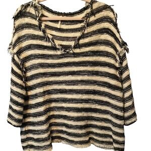 Free People Striped Knit Oversized Distressed Fray V Neck Pullover Women SP
